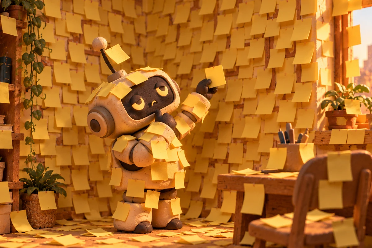 The robot holding one more sticky note in front of a wall with no free space left on it