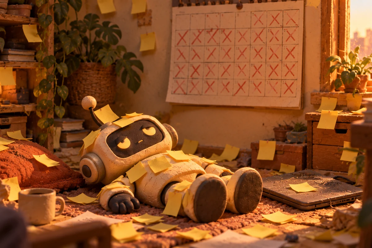The robot lying on the floor under a calendar with every day crossed out