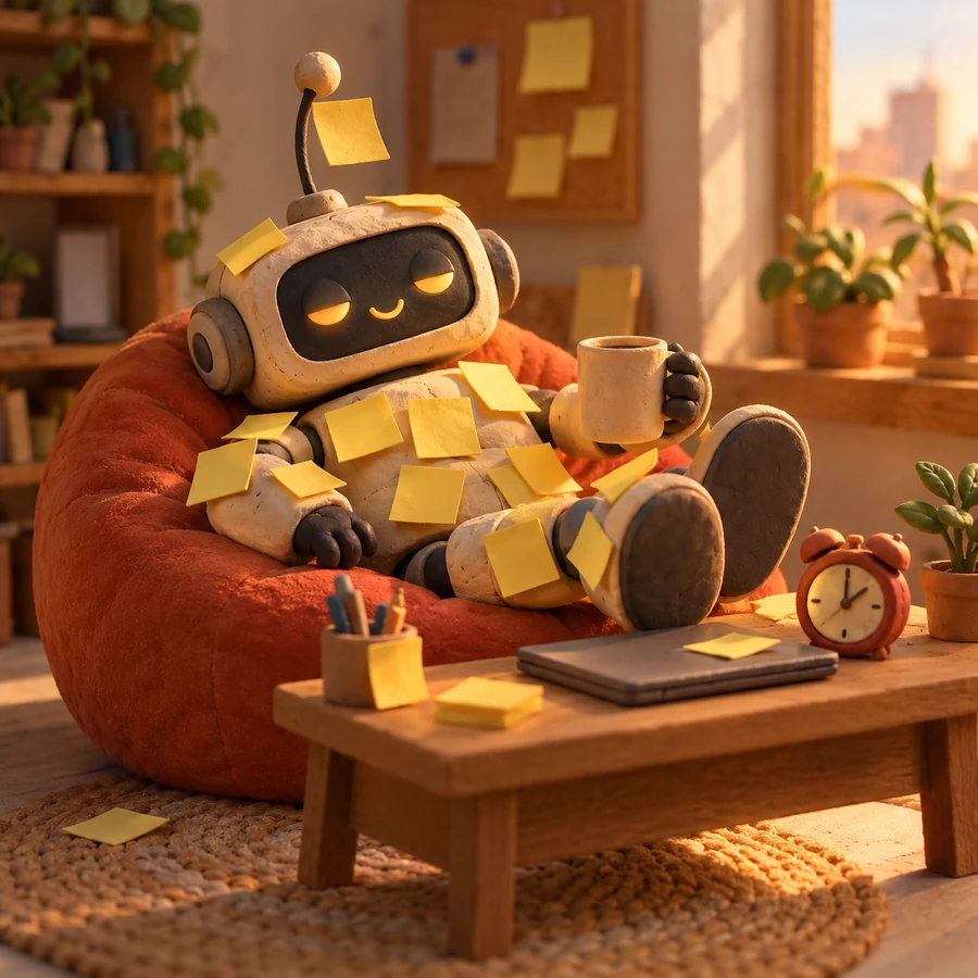 The robot in his beanbag with a mug, eyes half closed
