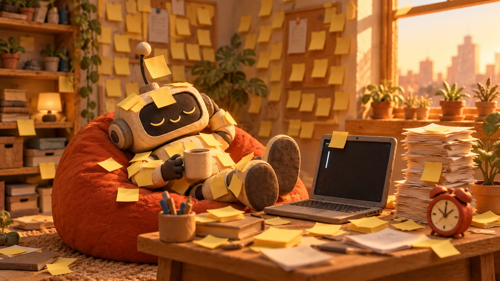 A clay robot asleep in a beanbag chair with his feet on the desk, covered in yellow sticky notes, beside an open laptop and a tall stack of papers